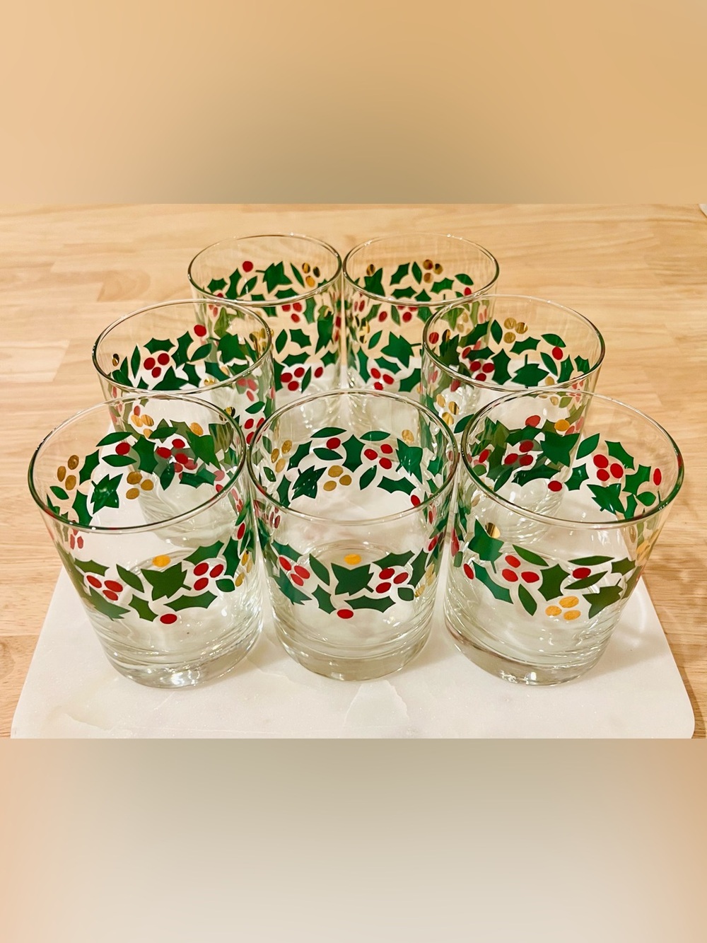 Vtg Crate & Barrel Holly & Berry Christmas Double Old-Fashioned Glasses, Set 7